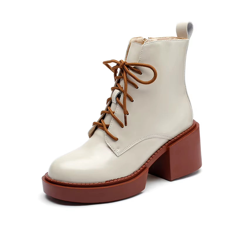 Women Shoes Genuine Leather Ankle Boots Platform Thick High Heel Boots round Toe Zipper Lady Footwear 2021 Autumn Winter