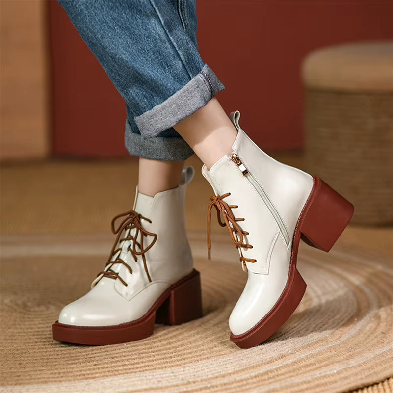 Women Shoes Genuine Leather Ankle Boots Platform Thick High Heel Boots round Toe Zipper Lady Footwear 2021 Autumn Winter