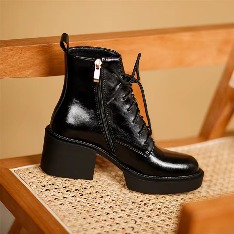 Women Shoes Genuine Leather Ankle Boots Platform Thick High Heel Boots round Toe Zipper Lady Footwear 2021 Autumn Winter