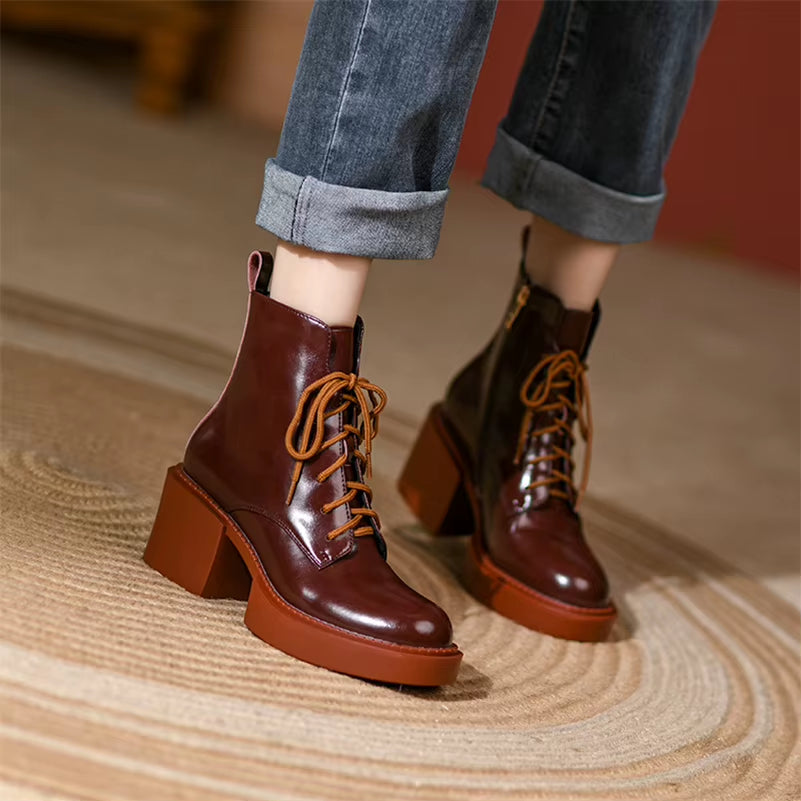 Women Shoes Genuine Leather Ankle Boots Platform Thick High Heel Boots round Toe Zipper Lady Footwear 2021 Autumn Winter