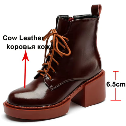 Women Shoes Genuine Leather Ankle Boots Platform Thick High Heel Boots round Toe Zipper Lady Footwear 2021 Autumn Winter