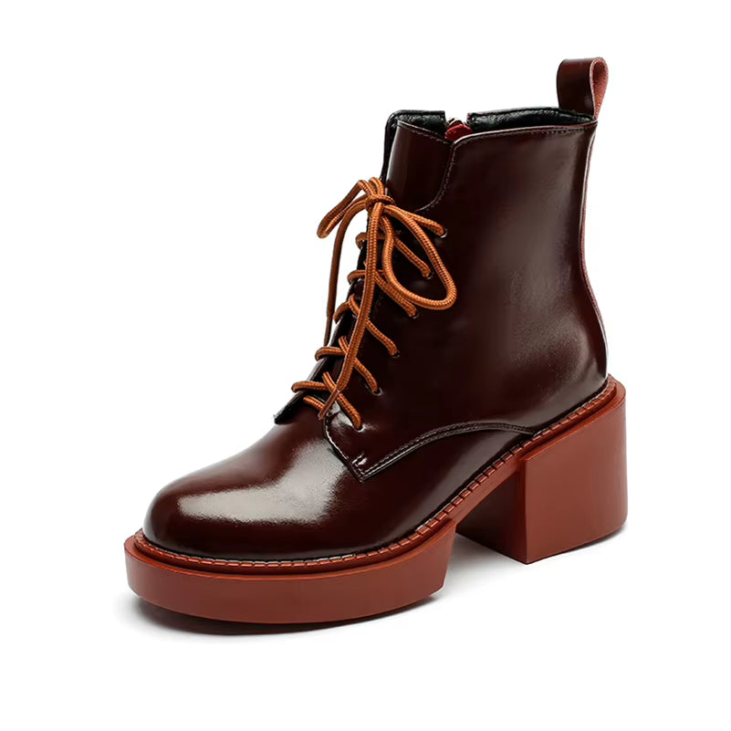 Women Shoes Genuine Leather Ankle Boots Platform Thick High Heel Boots round Toe Zipper Lady Footwear 2021 Autumn Winter