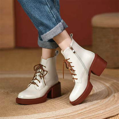Women Shoes Genuine Leather Ankle Boots Platform Thick High Heel Boots round Toe Zipper Lady Footwear 2021 Autumn Winter