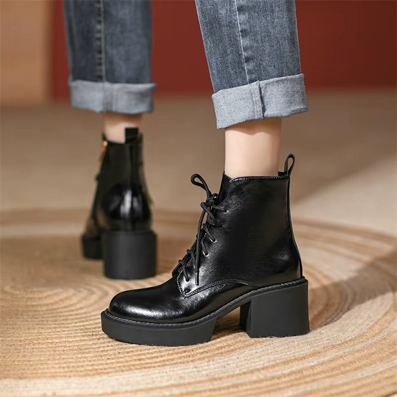 Women Shoes Genuine Leather Ankle Boots Platform Thick High Heel Boots round Toe Zipper Lady Footwear 2021 Autumn Winter