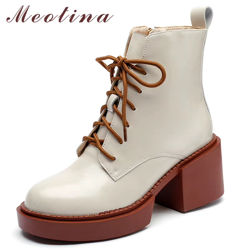 Women Shoes Genuine Leather Ankle Boots Platform Thick High Heel Boots round Toe Zipper Lady Footwear 2021 Autumn Winter