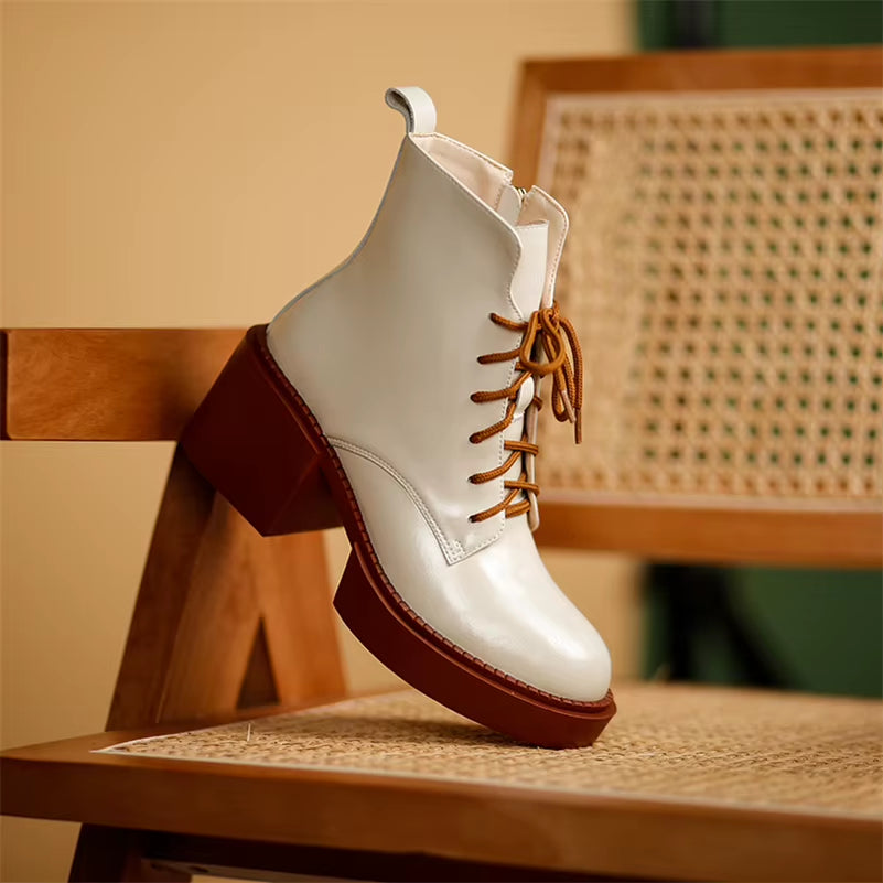 Women Shoes Genuine Leather Ankle Boots Platform Thick High Heel Boots round Toe Zipper Lady Footwear 2021 Autumn Winter